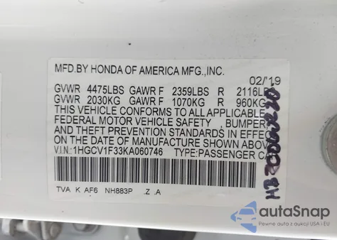 2019 Honda Accord Sport z USA, uszkodzony, nr VIN 1HGCV1F33KA060746